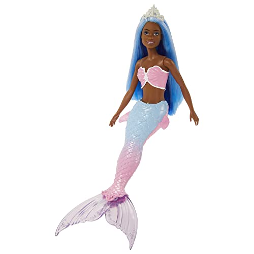 Barbie Dreamtopia Schwarze Barbie-Meerjungfrau mit blauen Haaren, weißer Krone, blauer und rosa Meerjungfrauen-Schwanzflosse ab 3 Jahren