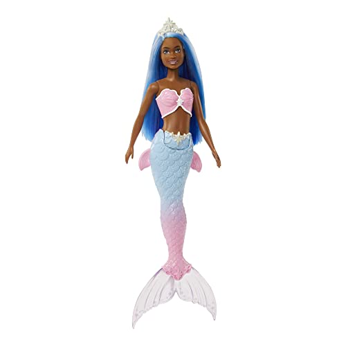 Barbie Dreamtopia Schwarze Barbie-Meerjungfrau mit blauen Haaren, weißer Krone, blauer und rosa Meerjungfrauen-Schwanzflosse ab 3 Jahren