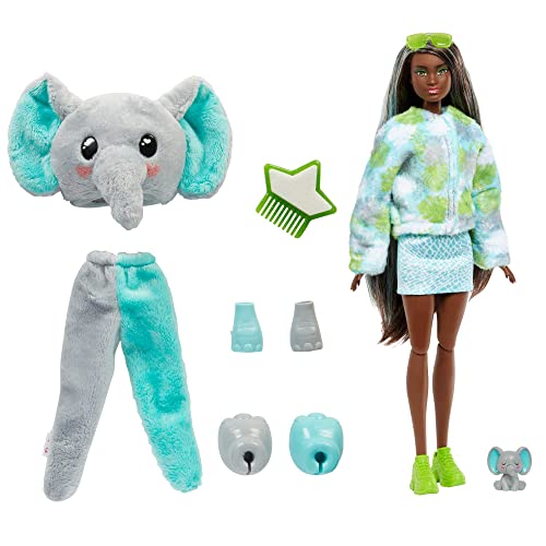 Barbie Cutie Reveal, bewegliche Barbie mit Elefanten-Accessoires und 10 Überraschungen ab 3 Jahre