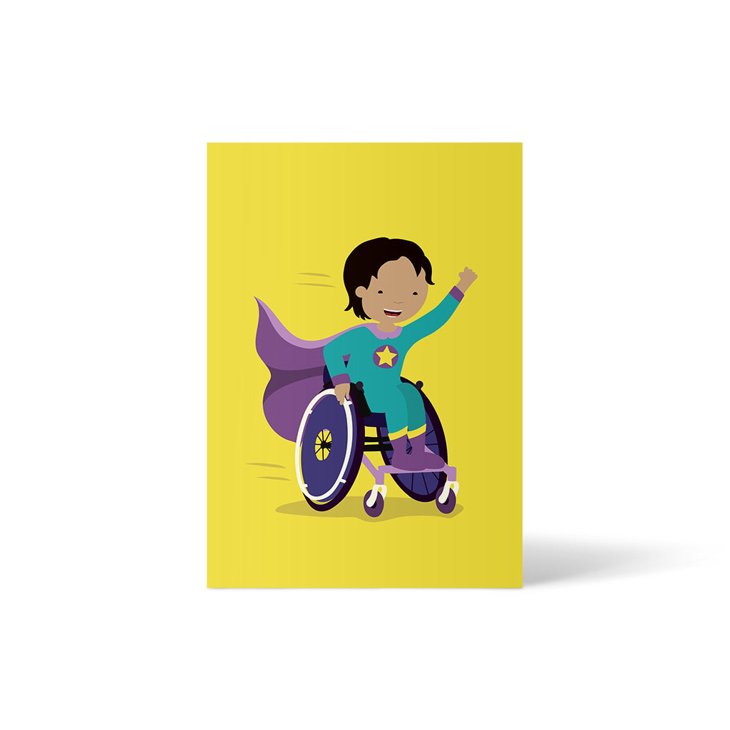Postkarte Superheld*in mit Rollstuhl gelb